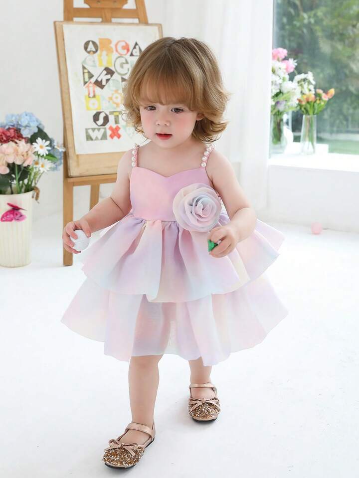 Baby Girls Rainbow Tulle Rhinestone Floral Dress.