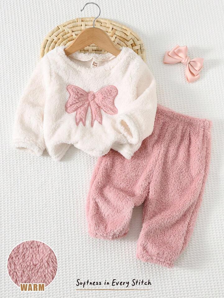 2pcs Baby Girl Casual Comfortable Pink & White Bow Decor Crew Neck Long Sleeve Sweatshirt And Elastic Waist Pants Set.
