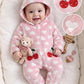 Baby Girl Heart Pattern Thermal Lined Thick Hooded Long Sleeve One-Piece Winter Jumpsuit.