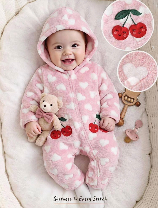 Baby Girl Heart Pattern Thermal Lined Thick Hooded Long Sleeve One-Piece Winter Jumpsuit.