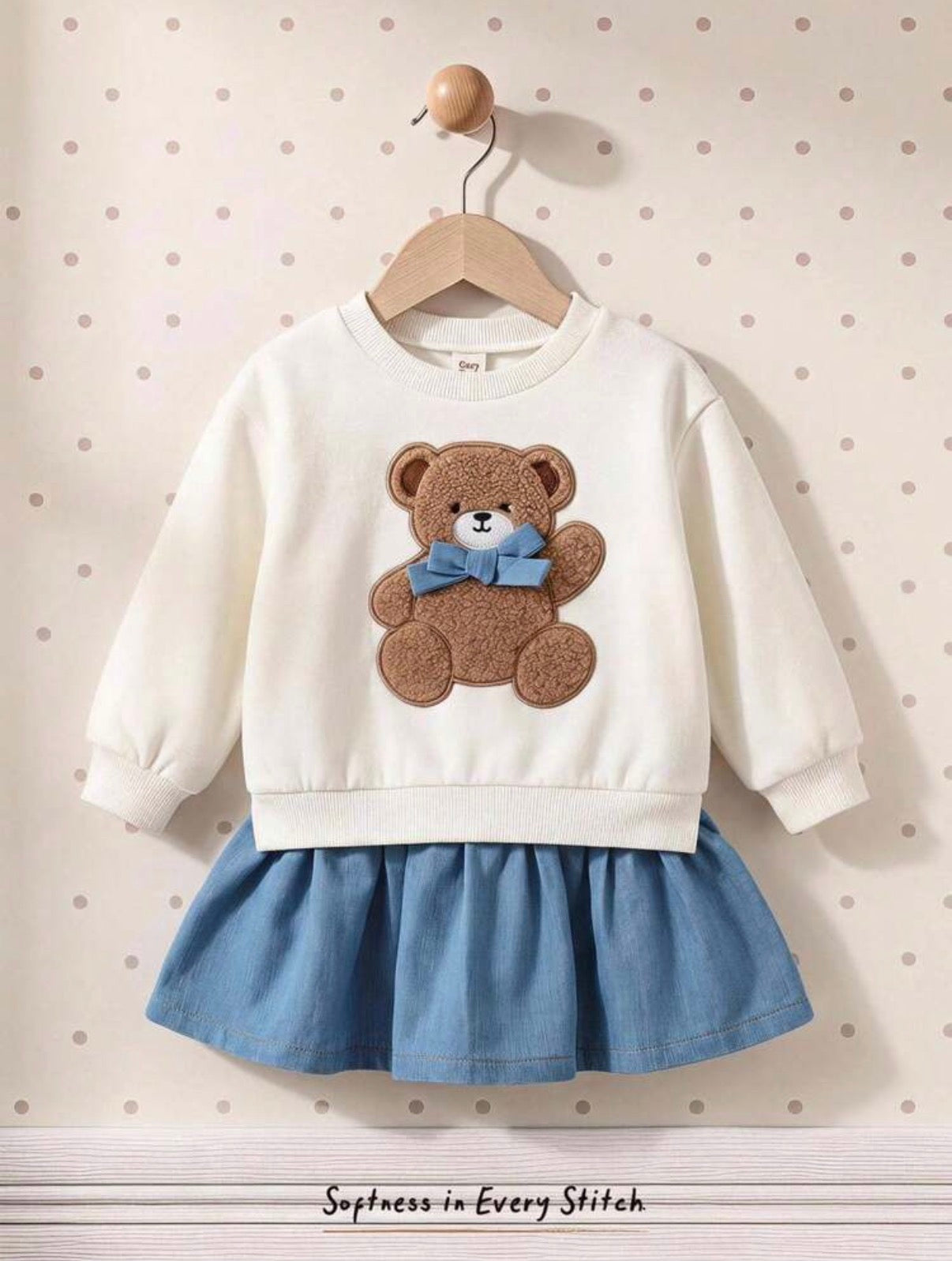Girl 3D Cartoon Bear Bow Round Neck Sweatshirt Denim-Like 2 In 1 Dress.