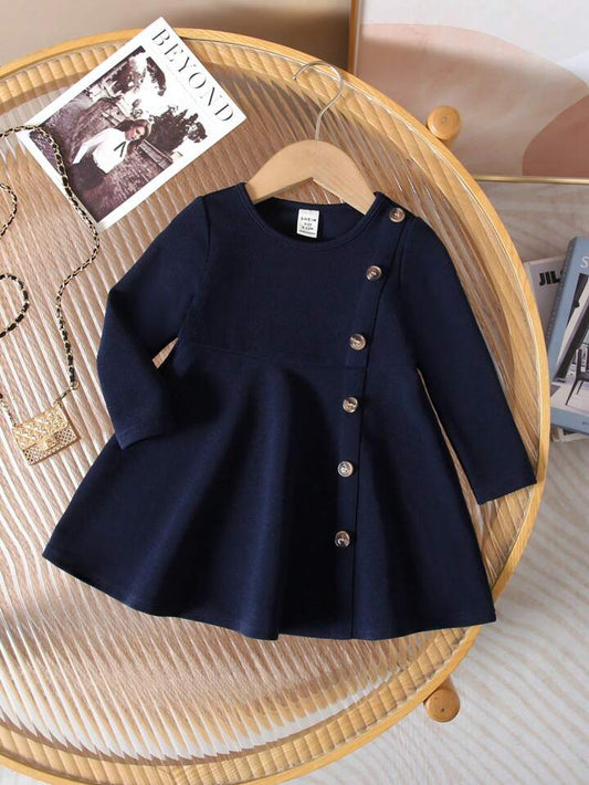 Navy Blue Button Long Sleeve Dress, Autumn & Winter