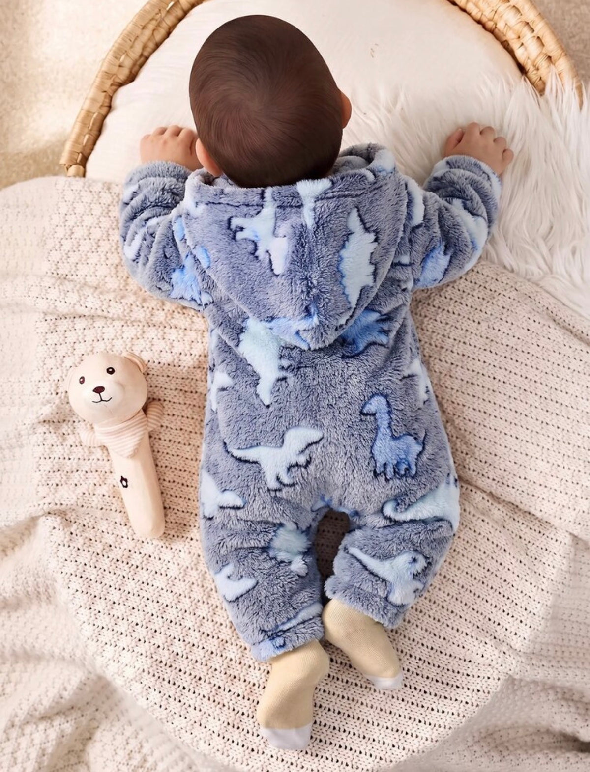 Dinosaur Print Zip Up Hooded Flannel Pajama Autumn Winter Jumpsuit.