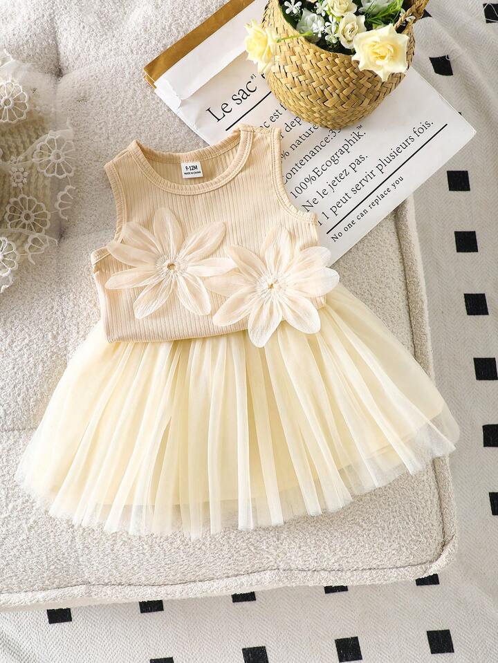 2pcs/Set Baby Girl Spring&Summer Elegant Style Flower Decoration Sleeveless Top&Wesh Short Skirt.