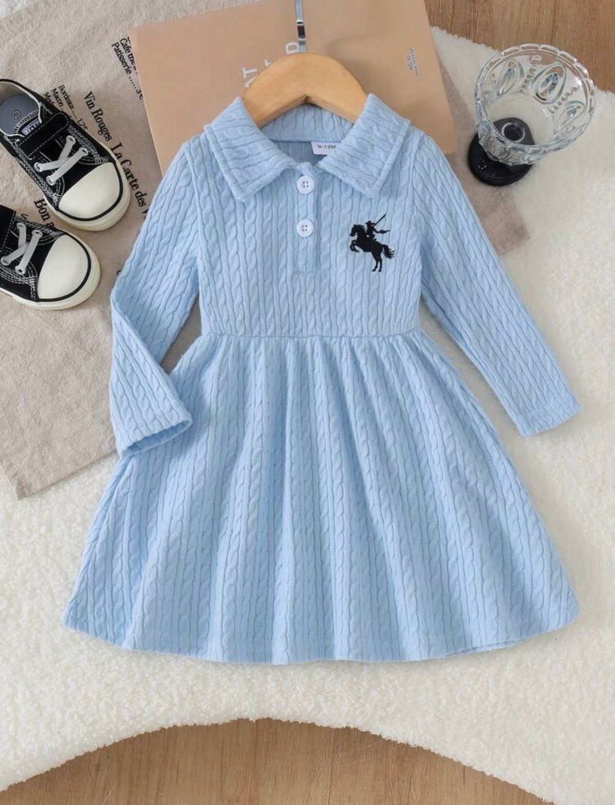 Girl Vintage Preppy Horse Soldier Embroidered Polo Collar Long Sleeve Knit Dress. (Delivery By 18th October)