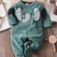 1pc Newborn Baby Green Plush Elephant Print Long Sleeve Footed Jumpsuit.