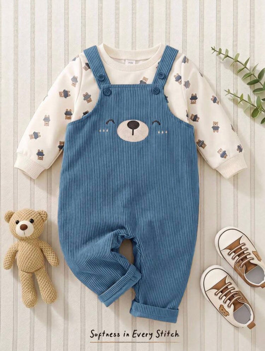 Baby Boy Cartoon Bear
Pattern Knitted Soft Round Neck Long Sleeve Pullover Sweatshirt & Overalls Two Pieces Set.( Delivery by 20th October)