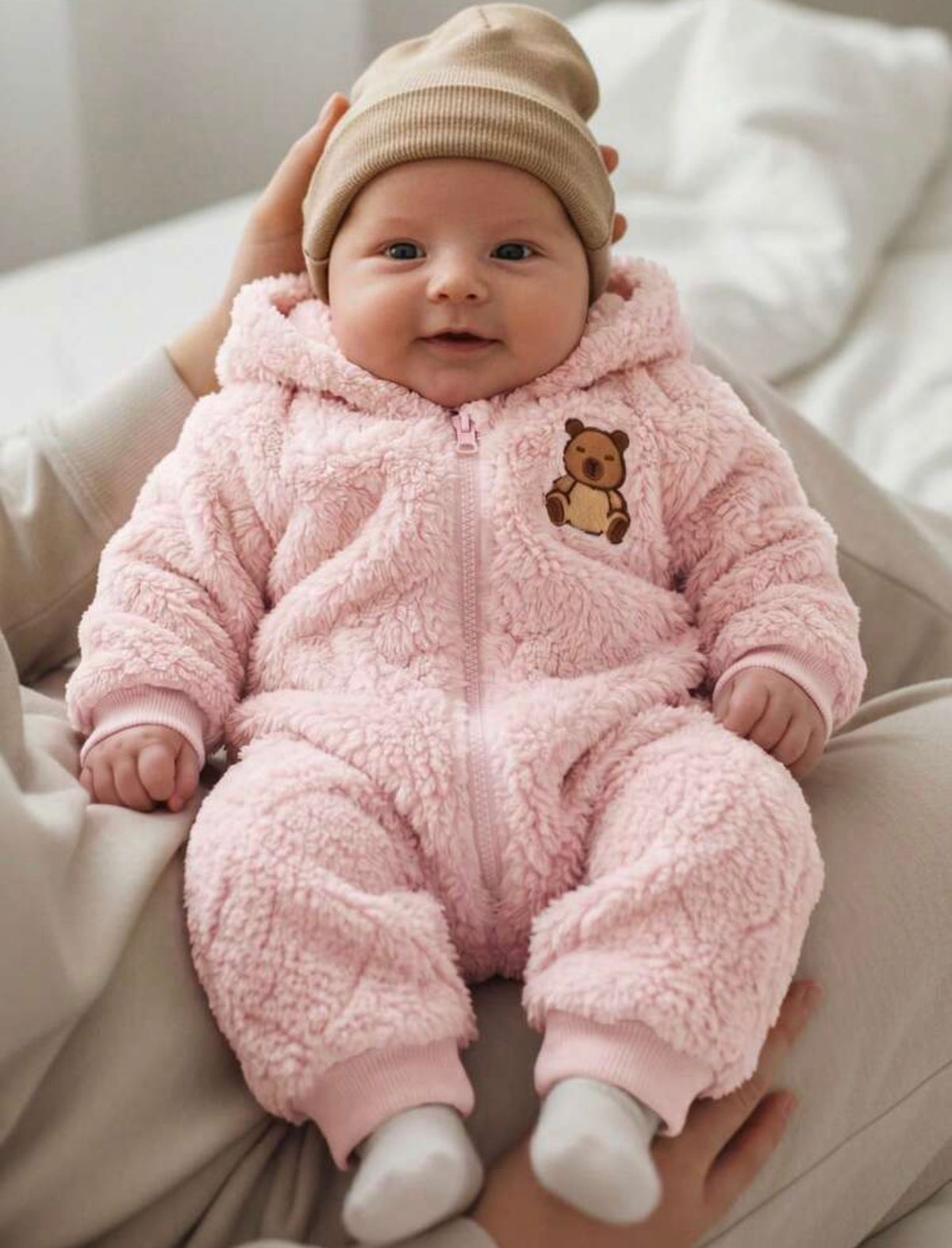 Baby Girl Cartoon Bear Pattern Thermal Lined Thick Hooded Long Sleeve Autumn Winter Jumpsuit
