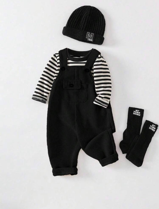 2pcs Baby Boy Black And White Striped Outfit.