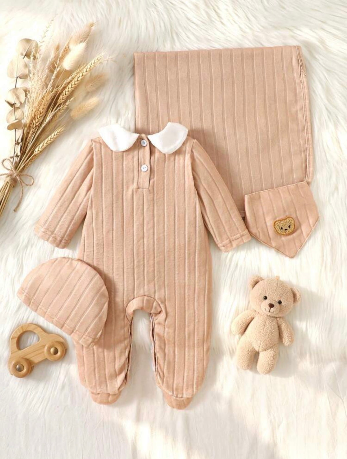 4pcs Newborn Baby Boy Footed Romper, Hat, Bib, Blanket Gift Set.