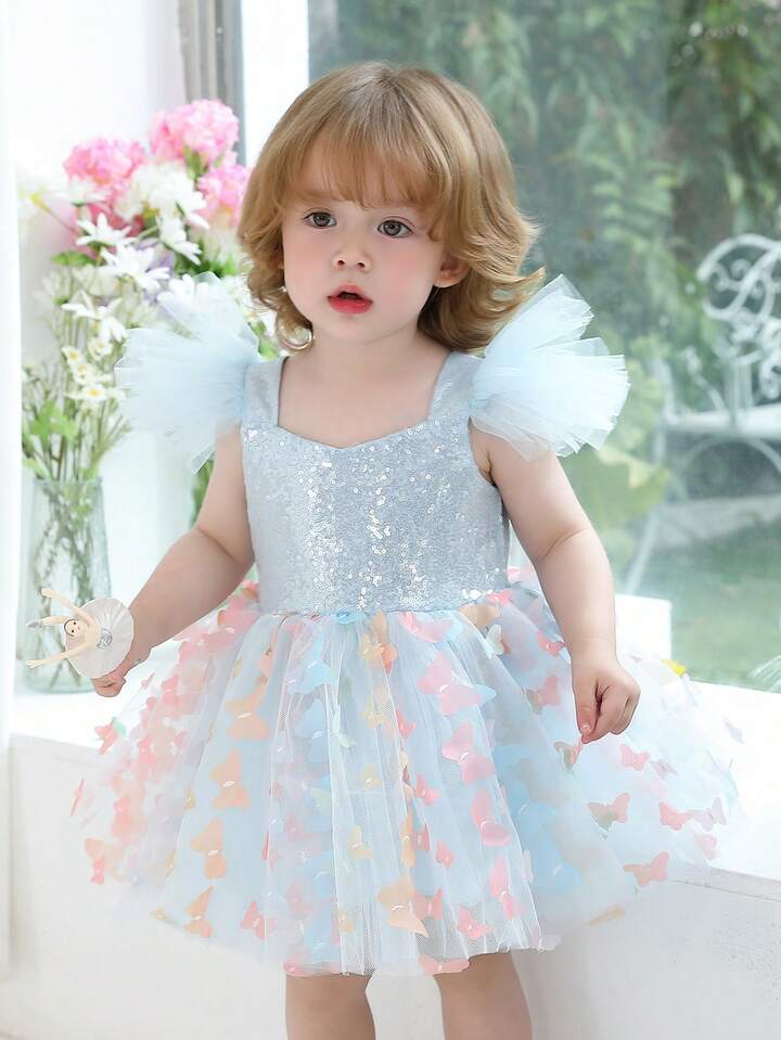 Baby Girls Flutter Sleeve Sequin 3D Bow Elegant Party Dress.