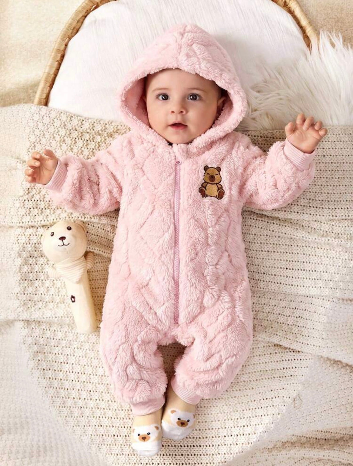 Baby Girl Cartoon Bear Pattern Thermal Lined Thick Hooded Long Sleeve Autumn Winter Jumpsuit