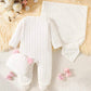 4pc Newborn Baby GirlJumpsuit Hat, Bib, Blanket Gift Set,  Plush Bow Ribbed Long Sleeve.