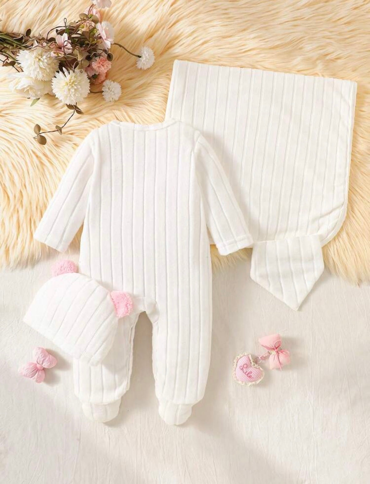 4pc Newborn Baby GirlJumpsuit Hat, Bib, Blanket Gift Set,  Plush Bow Ribbed Long Sleeve.