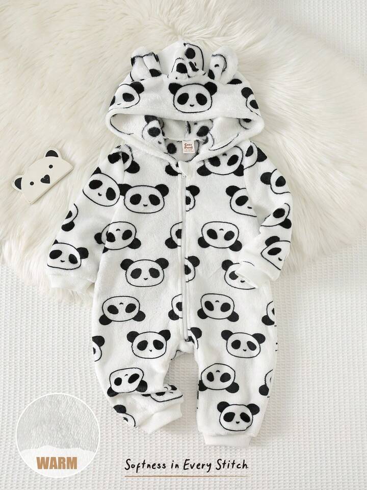 Panda Print Thermal Lined Hooded Long Sleeve Jumpsuit.