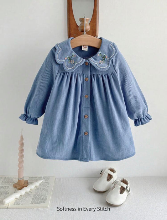 Girl Plant Floral Print Ruffle Collar Long Sleeve Empire Waist Dress.