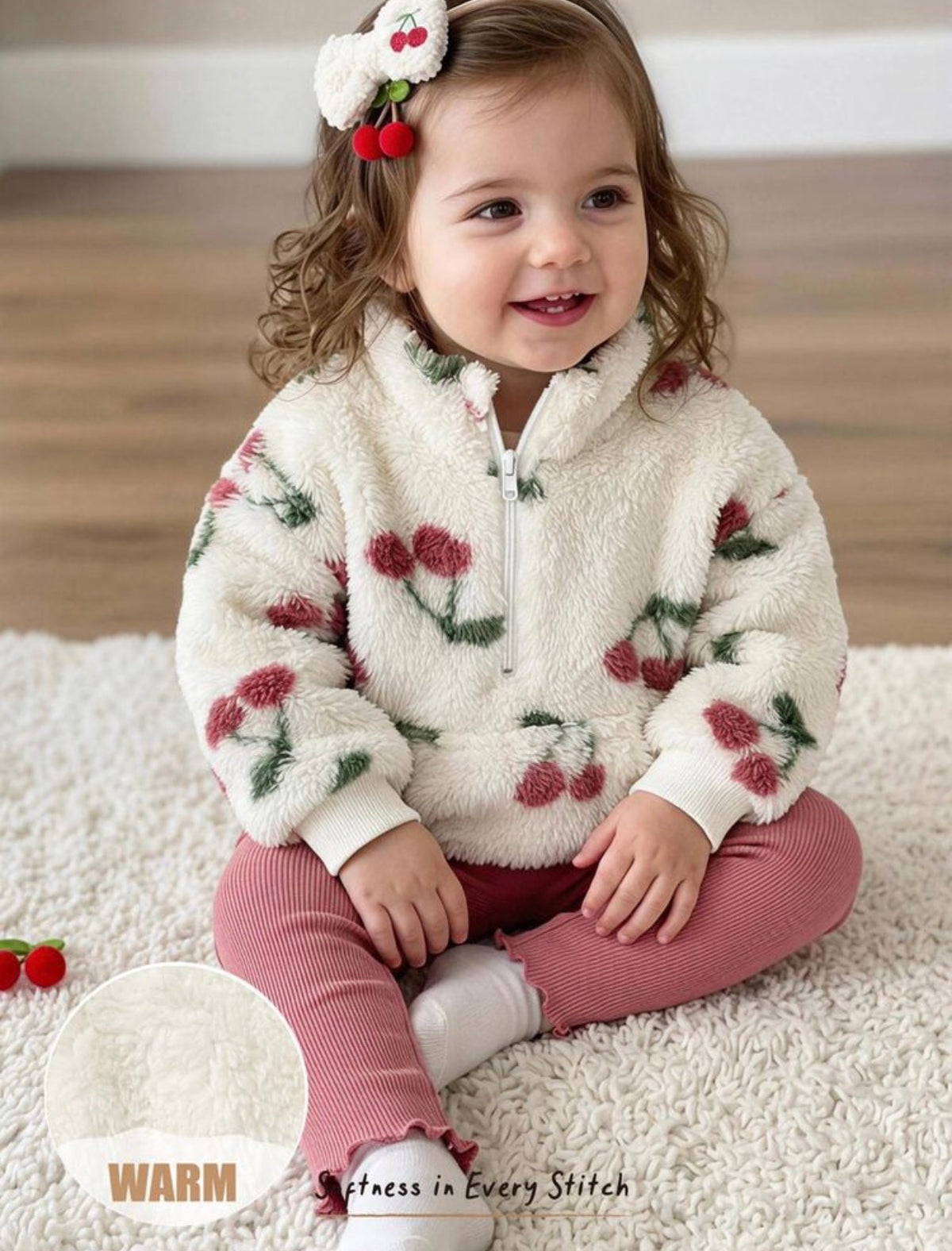 Girl Cherry Pattern Fleece Lined Thick Crew Neck Long Sleeve Half-Zip Pullover Autumn Winter Sweatshirt And Elastic Waist Leggings 2 Pieces Set.( delivery by 15th October)