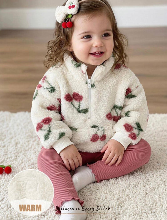 Girl Cherry Pattern Fleece Lined Thick Crew Neck Long Sleeve Half-Zip Pullover Autumn Winter Sweatshirt And Elastic Waist Leggings 2 Pieces Set.
