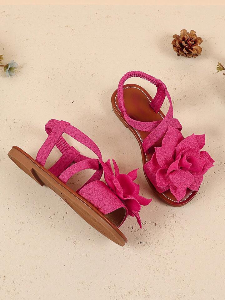 Girls Flat Sandals With Knitted Criss-Cross Straps, Mesh Peonies Decor, Elastic Heel Band, Round Toe.