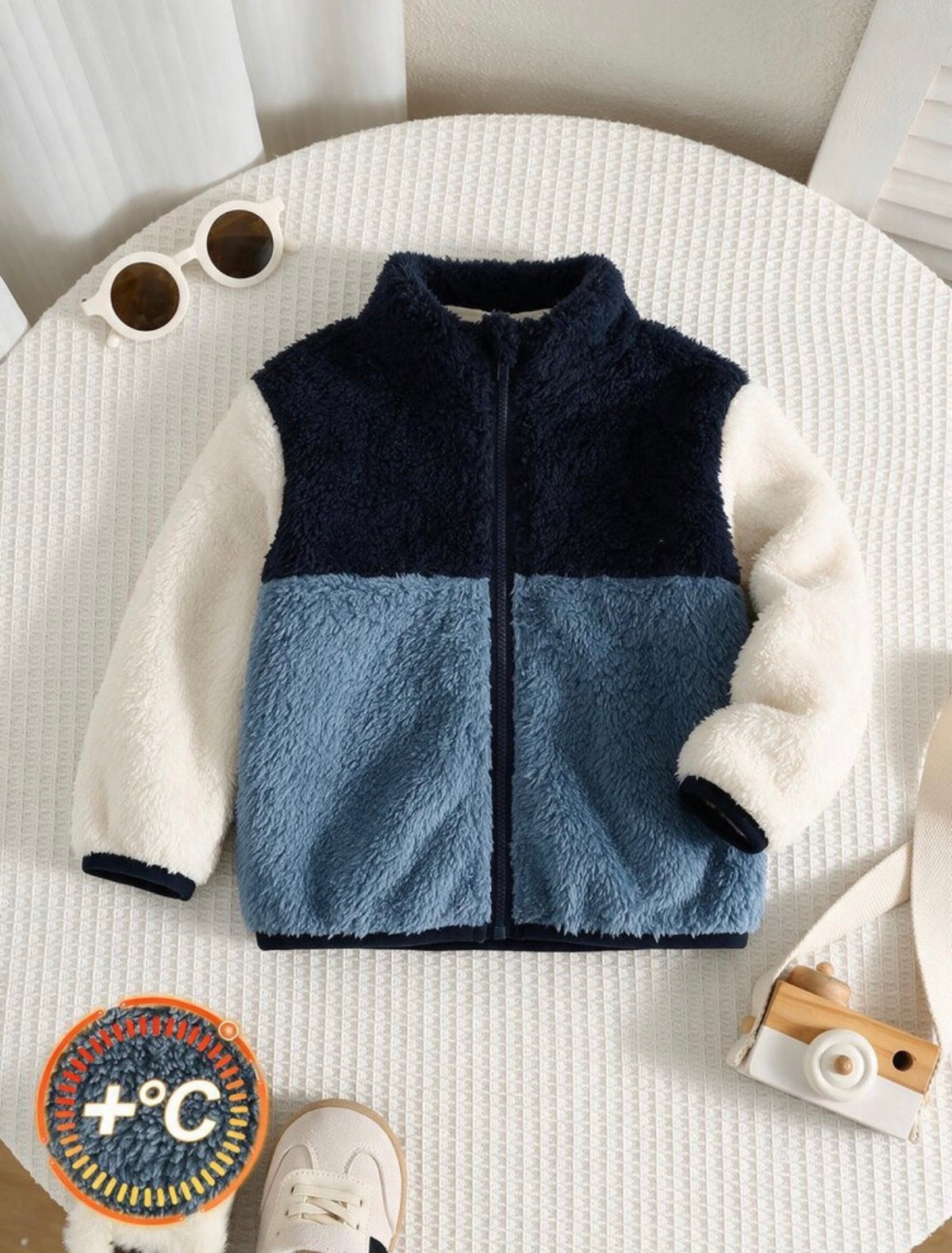 Trends Baby Boy Autumn/Winter Cute Versatile Fuzzy Colorblock Stand Collar Jacket.