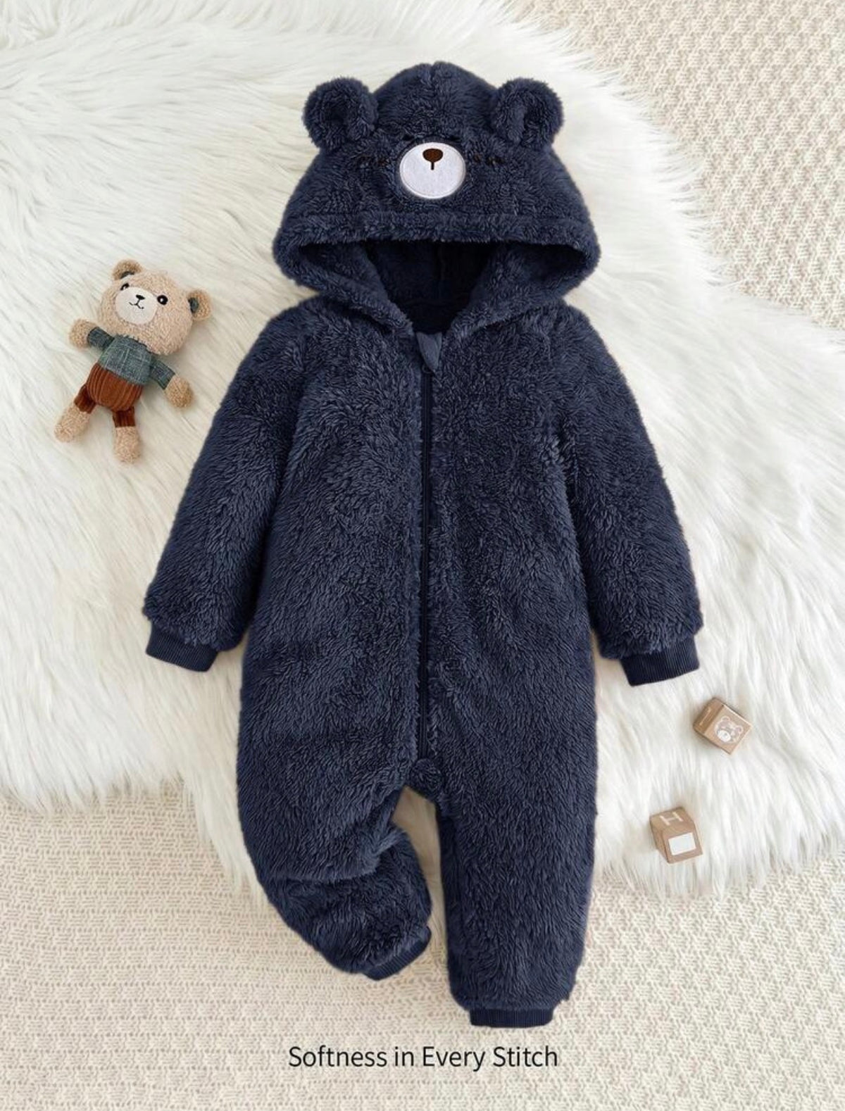 Cartoon Bear Pattern Ear Hooded Thick Jumpsuit. (Delivery By 14th October)