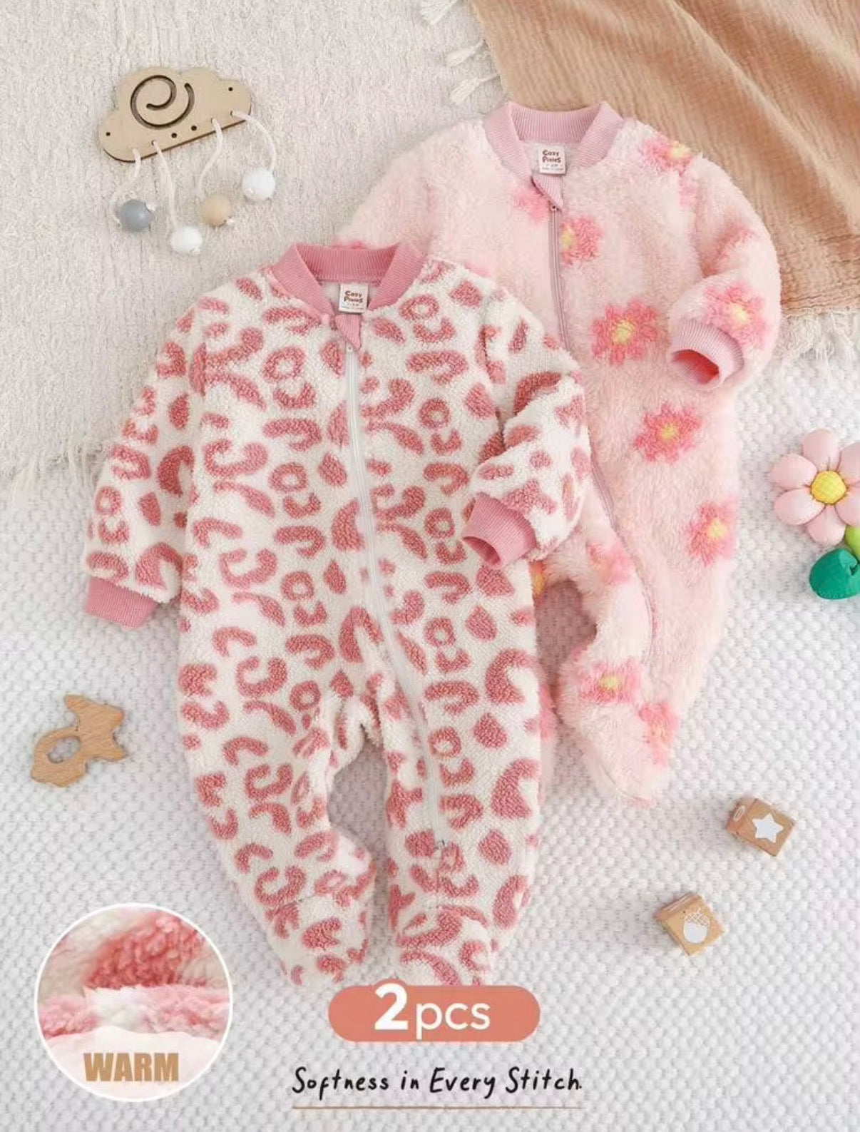 Baby Girl Floral & Leopard Print Plush Soft Round Neck Zip-Up Long Sleeve Jumpsuit (1 Pc)