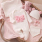 4pc Newborn Baby GirlJumpsuit Hat, Bib, Blanket Gift Set,  Plush Bow Ribbed Long Sleeve.