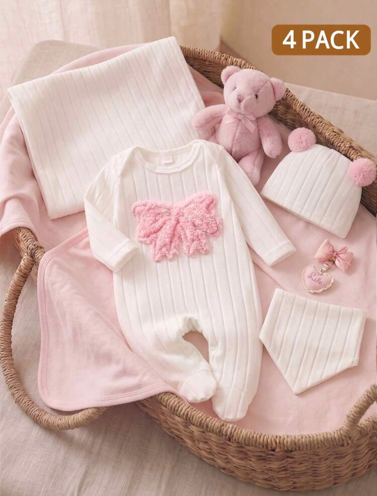 4pc Newborn Baby GirlJumpsuit Hat, Bib, Blanket Gift Set,  Plush Bow Ribbed Long Sleeve.