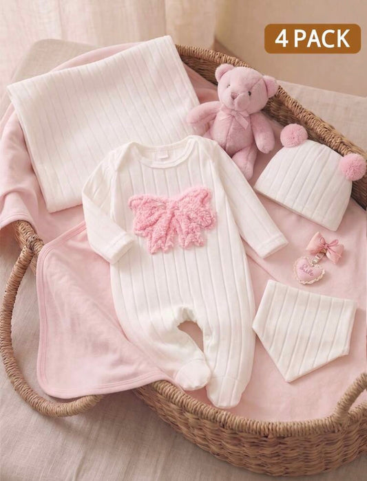 4pc Newborn Baby GirlJumpsuit Hat, Bib, Blanket Gift Set,  Plush Bow Ribbed Long Sleeve.