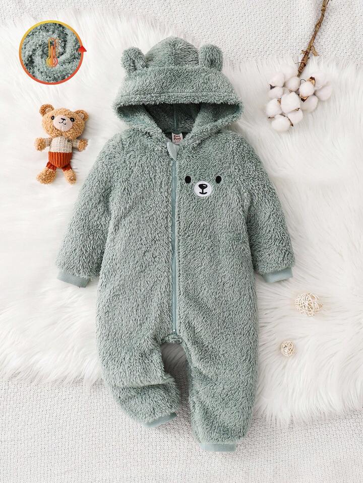 Baby Boy/ Girl Cartoon Rabbit Ear Hooded Thick Fleece Jumpsuit, Suitable For Autumn/Winter.