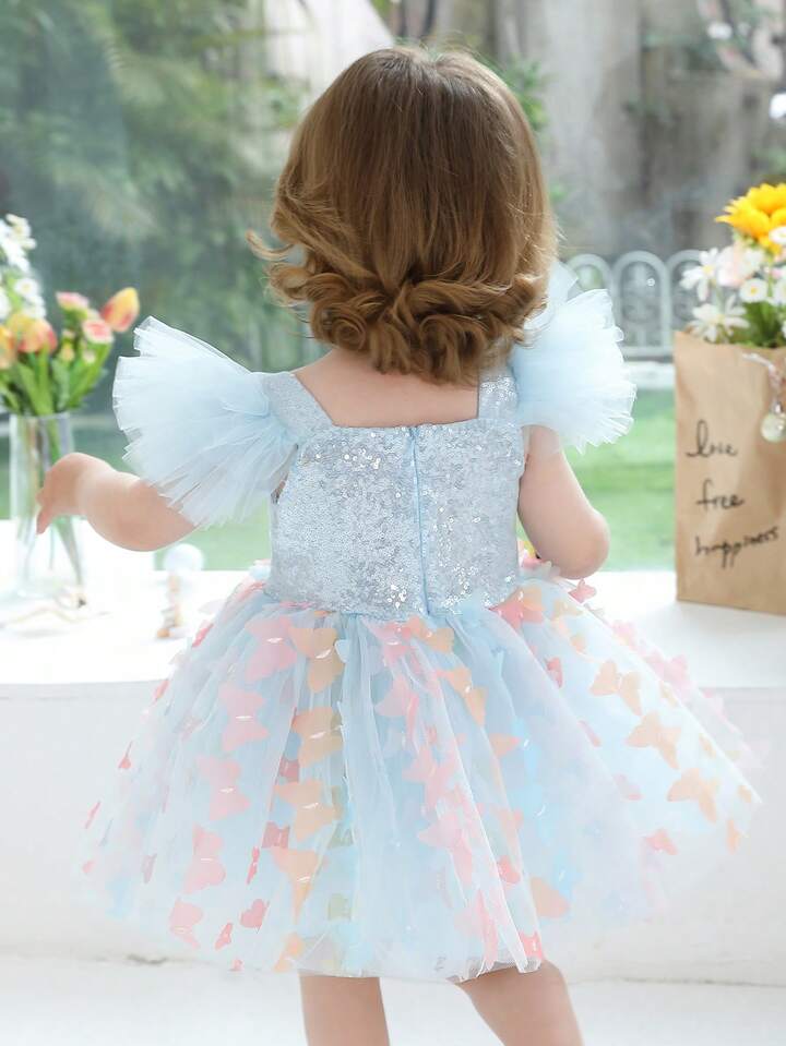 Baby Girls Flutter Sleeve Sequin 3D Bow Elegant Party Dress.