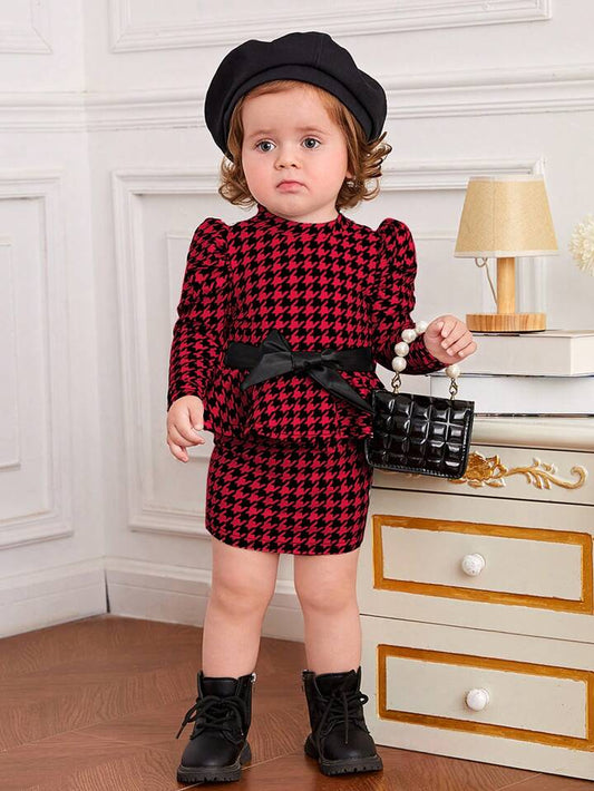 Baby Girl Houndstooth Print Puff Sleeve Belted Dress
