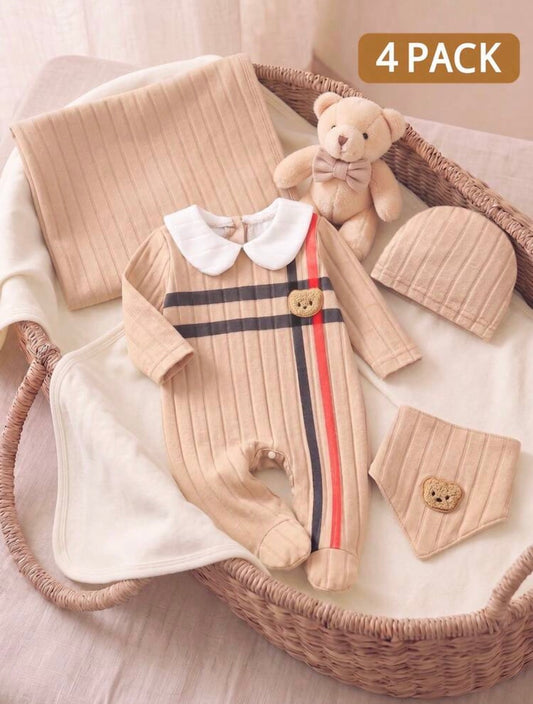 4pcs Newborn Baby Boy Footed Romper, Hat, Bib, Blanket Gift Set.