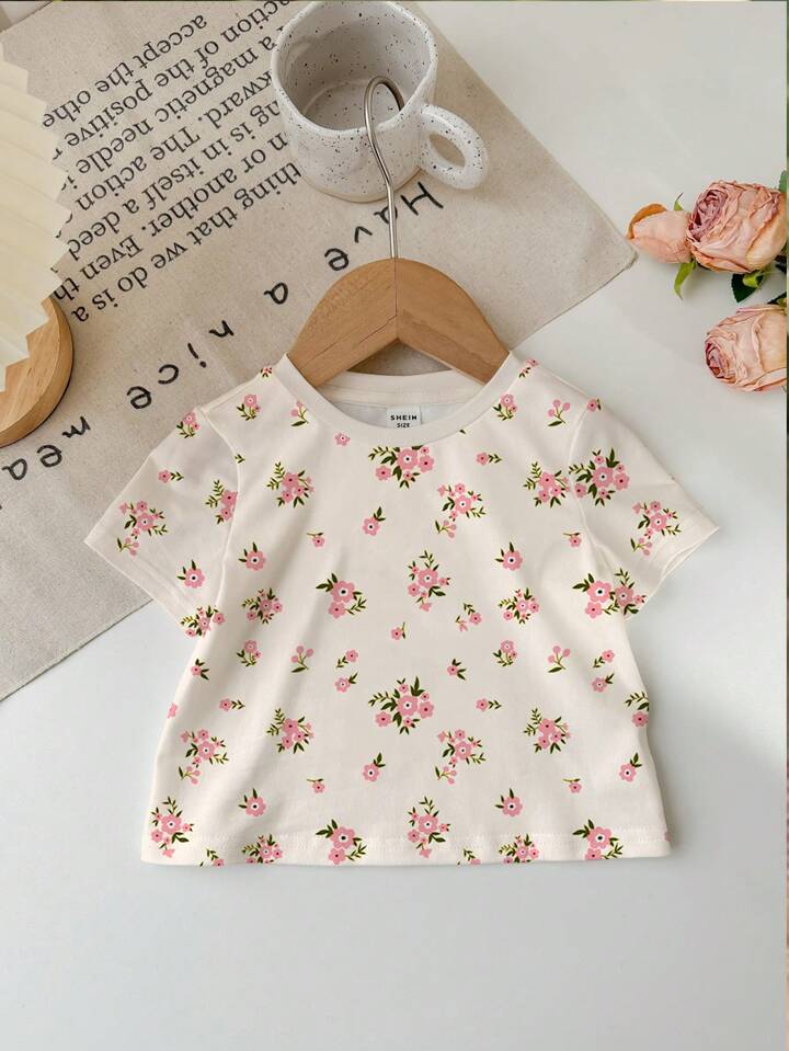 Girl Casual Floral Print Crew Neck Short Sleeve Top, Minimalist Style Suitable For Summer