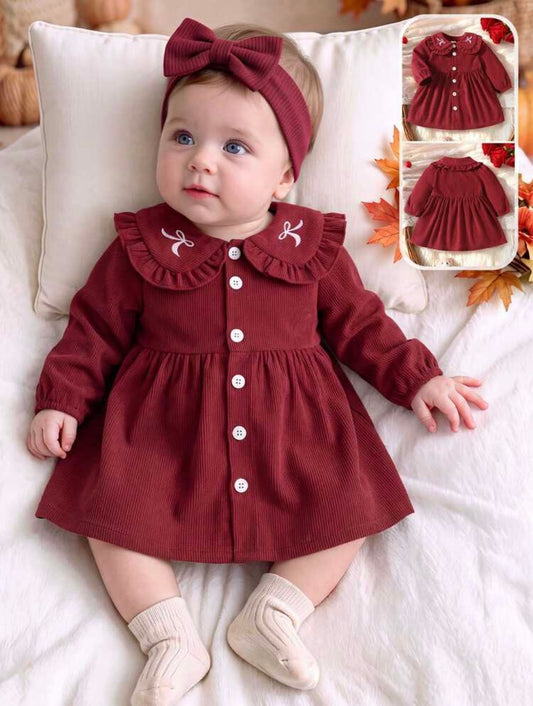 Girls Ribbed Dress Sweet Burgundy Ruffle Bow Long Sleeve Collar.