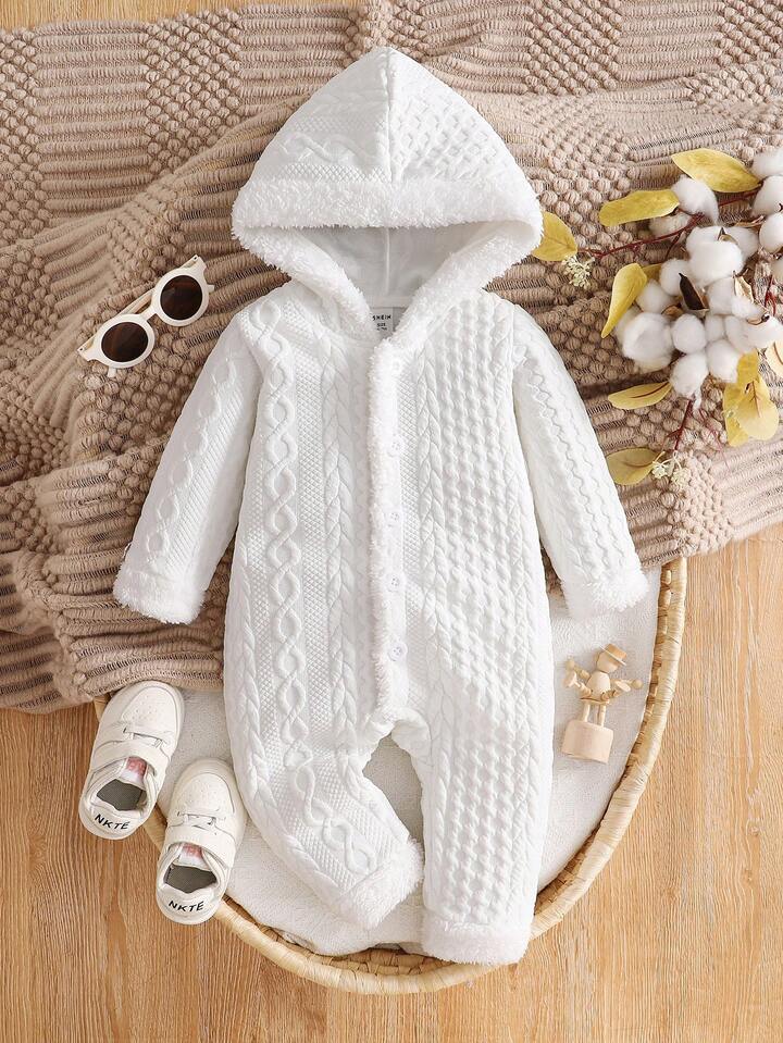 White Textured Fabric Plush Hooded Jumpsuit.
