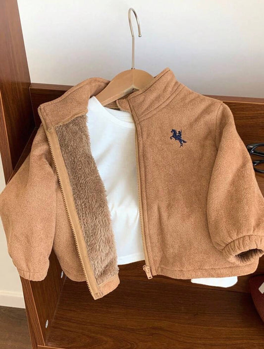 Baby Boys Suede Thermal Lined Stand Collar Zip Up Jacket.