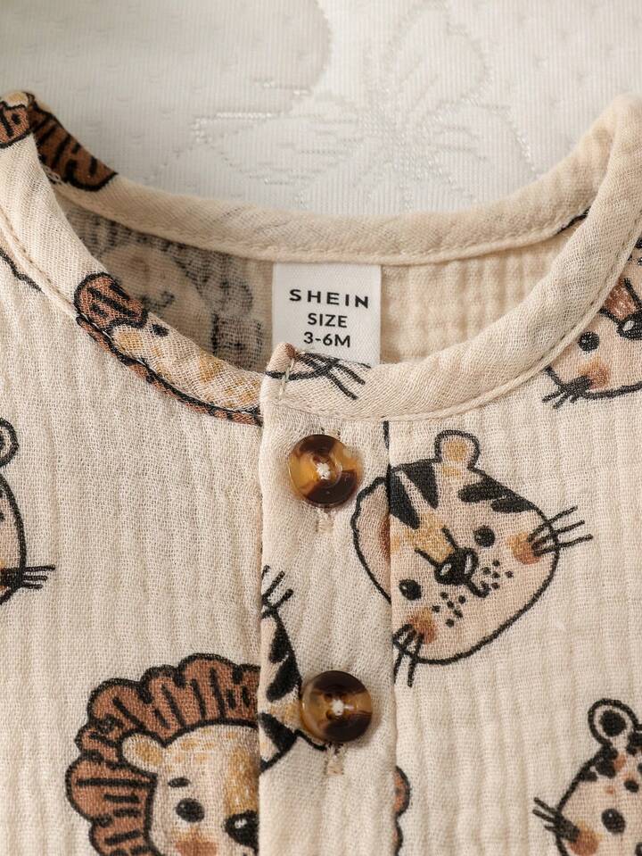 Baby Boy Lion Print Half Button Tank Romper.