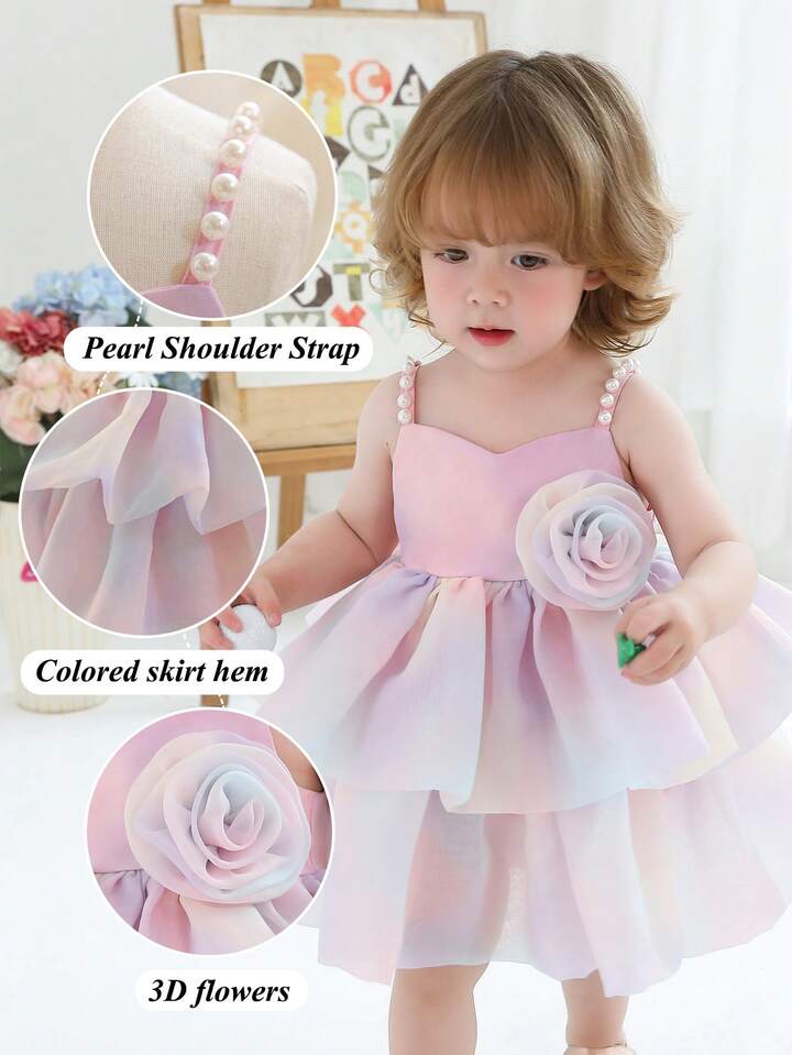 Baby Girls Rainbow Tulle Rhinestone Floral Dress.
