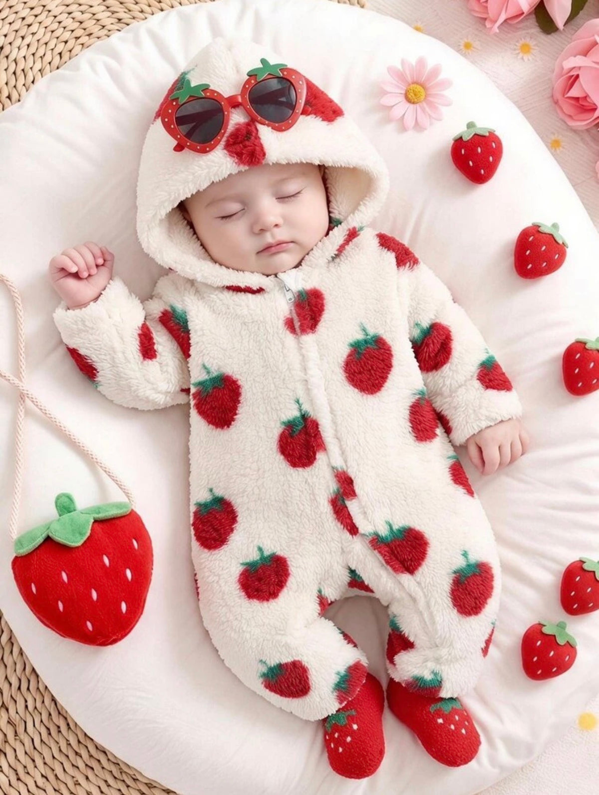 Baby Girl Thermal Lined Thick Floral Pattern Knitted Soft Hooded Long Sleeve Winter Jumpsuit.