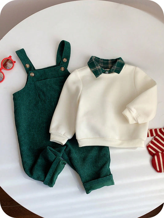 Boy Fall And Winter Clothes Outfit Set, 2pcs/Set Thermal Lined Thickened Apricot Sweatshirt Knit Top And Green Corduroy Plaid Overalls Jumpsuit Set (Delivery by 10th August)