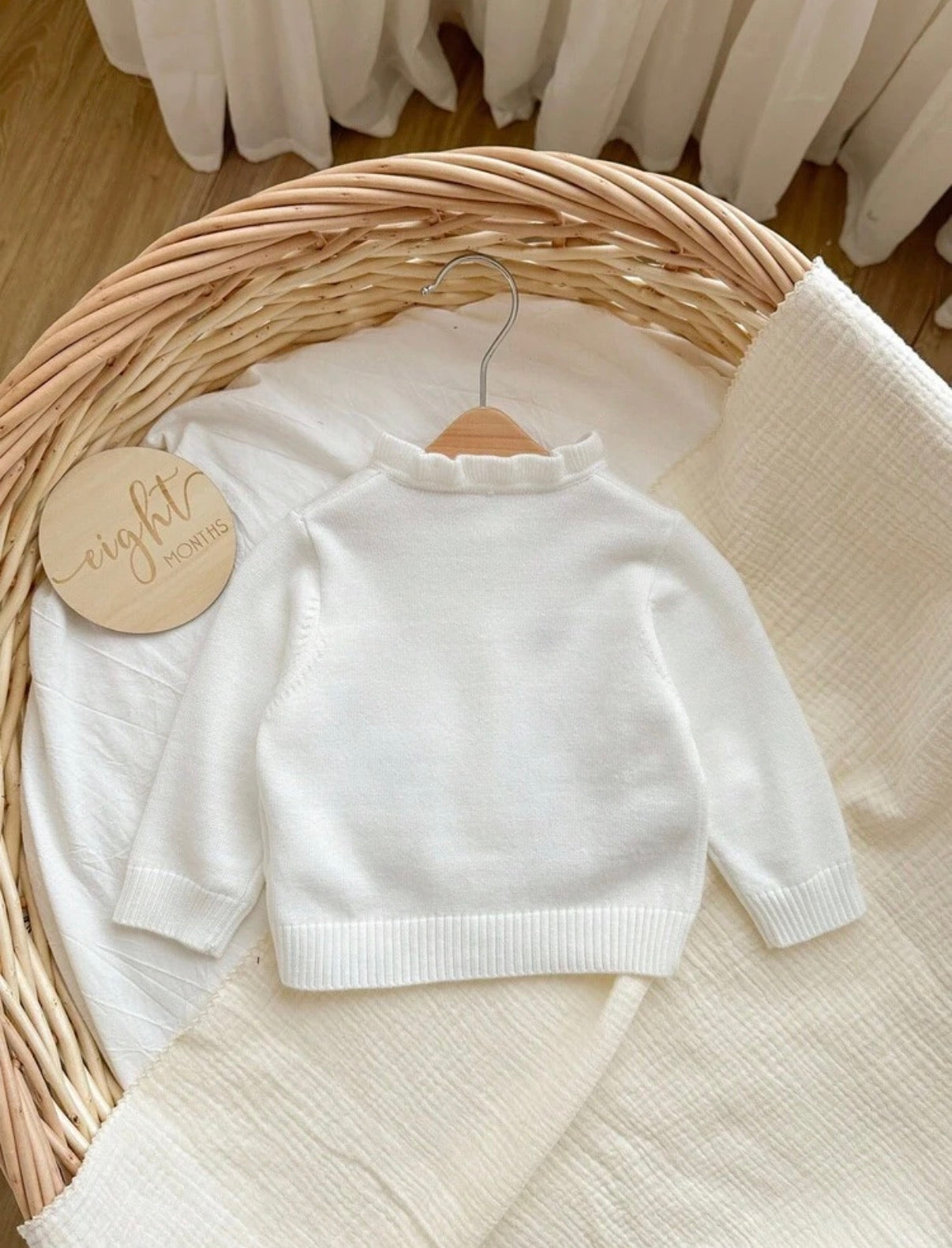 Girl Floral Cartoon Rabbit Embroidery Ruffle Trim Long Sleeve Single-Breasted Knit Cardigan, In Fall/Winter.