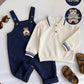Boy Fall And Winter Clothes Outfit Set, 2pcs/Set Thermal Lined Thickened Sweatshirt And blue Corduroy Plaid Overalls Jumpsuit Set.