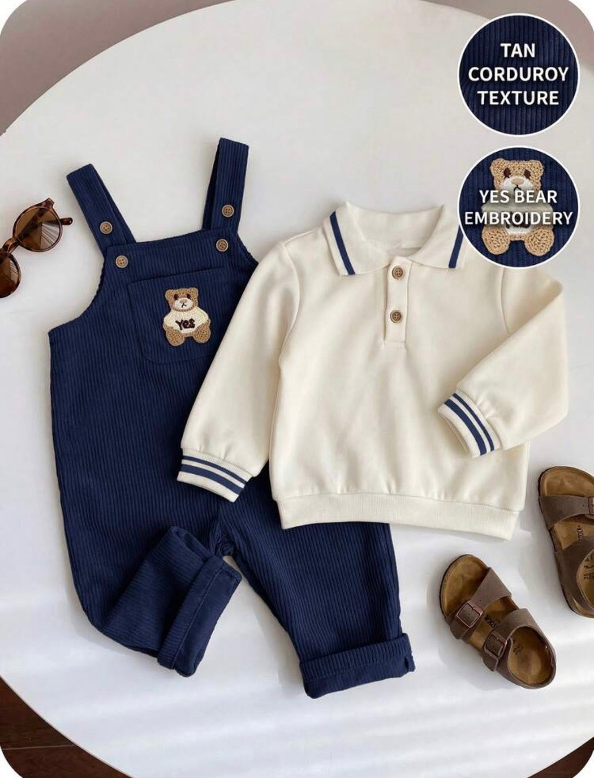 Boy Fall And Winter Clothes Outfit Set, 2pcs/Set Thermal Lined Thickened Sweatshirt And blue Corduroy Plaid Overalls Jumpsuit Set.