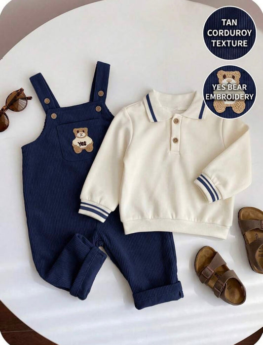 Boy Fall And Winter Clothes Outfit Set, 2pcs/Set Thermal Lined Thickened Sweatshirt And blue Corduroy Plaid Overalls Jumpsuit Set.
