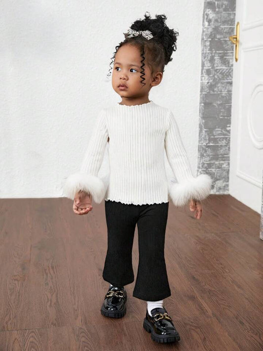 Ribbed Splicing Fuzzy Sleeve Sweatshirt For Winter