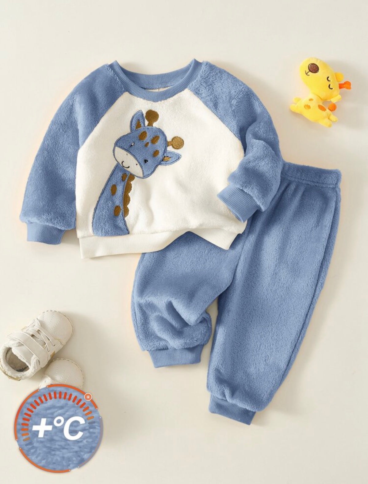 2pcs Autumn/Winter Fleece Lined Thickened Casual Cute Giraffe Sweatshirt Set, Baby Tracksuit.