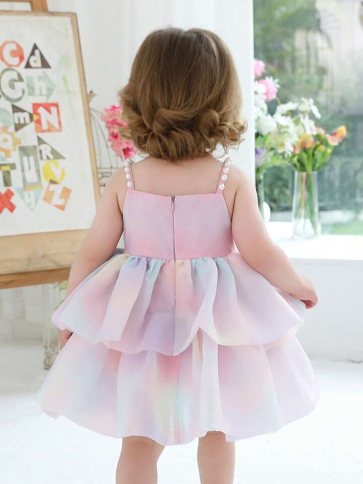 Baby Girls Rainbow Tulle Rhinestone Floral Dress.