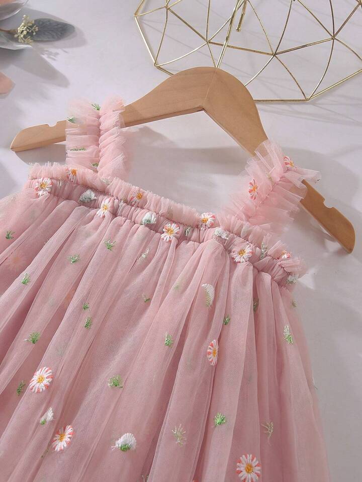 Baby Girls & Girls Elegant Cute Casual Embroidered Mesh Dress, Spaghetti Strap.