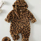 Cartoon Animal Leopard Print Thermal Lined Hooded Zip-Up Long Sleeve Jumpsuit, Suitable For Winter.